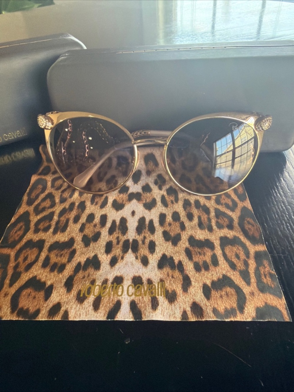Roberto Cavalli Women's Gold Round Sunglasses with Crystal Accents